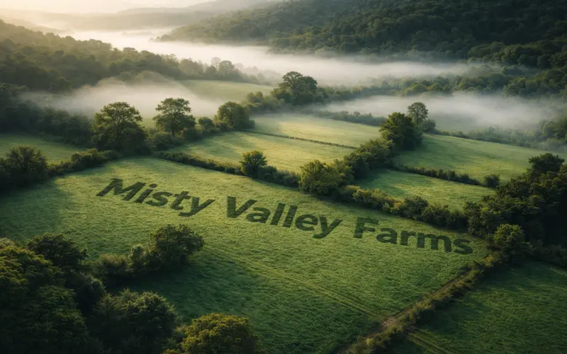 Mistyvalley Farms managed farmland with scenic misty landscape and green plots