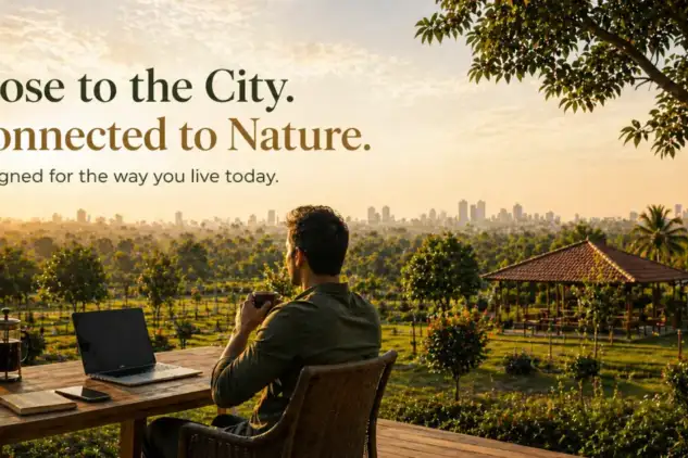 Man working on a laptop with coffee in a peaceful farmland near Bangalore with city skyline in the background