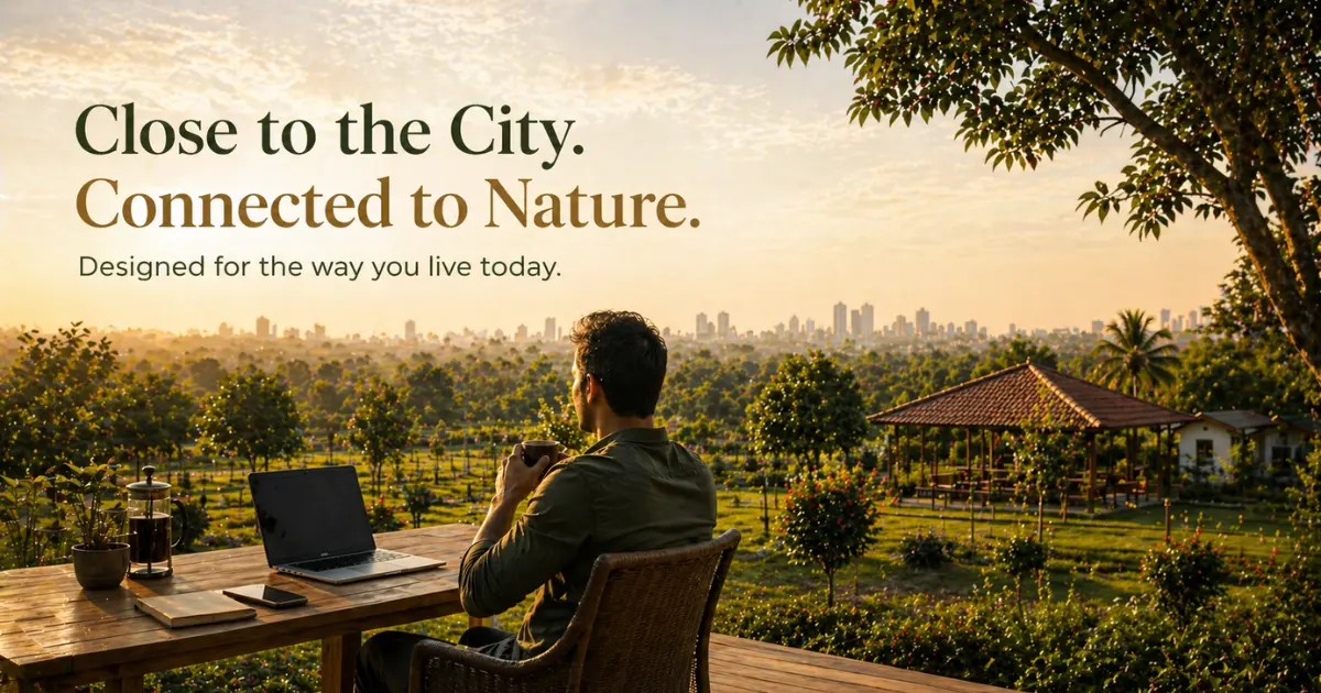 Man working on a laptop with coffee in a peaceful farmland near Bangalore with city skyline in the background