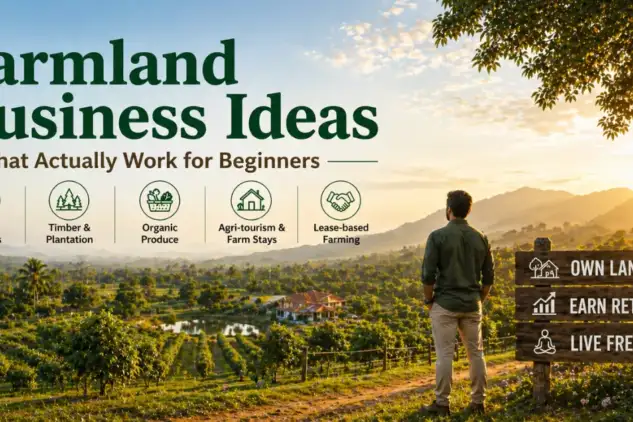 Managed farmland near Bangalore with orchard rows and investor viewing land, showcasing beginner-friendly farmland business ideas