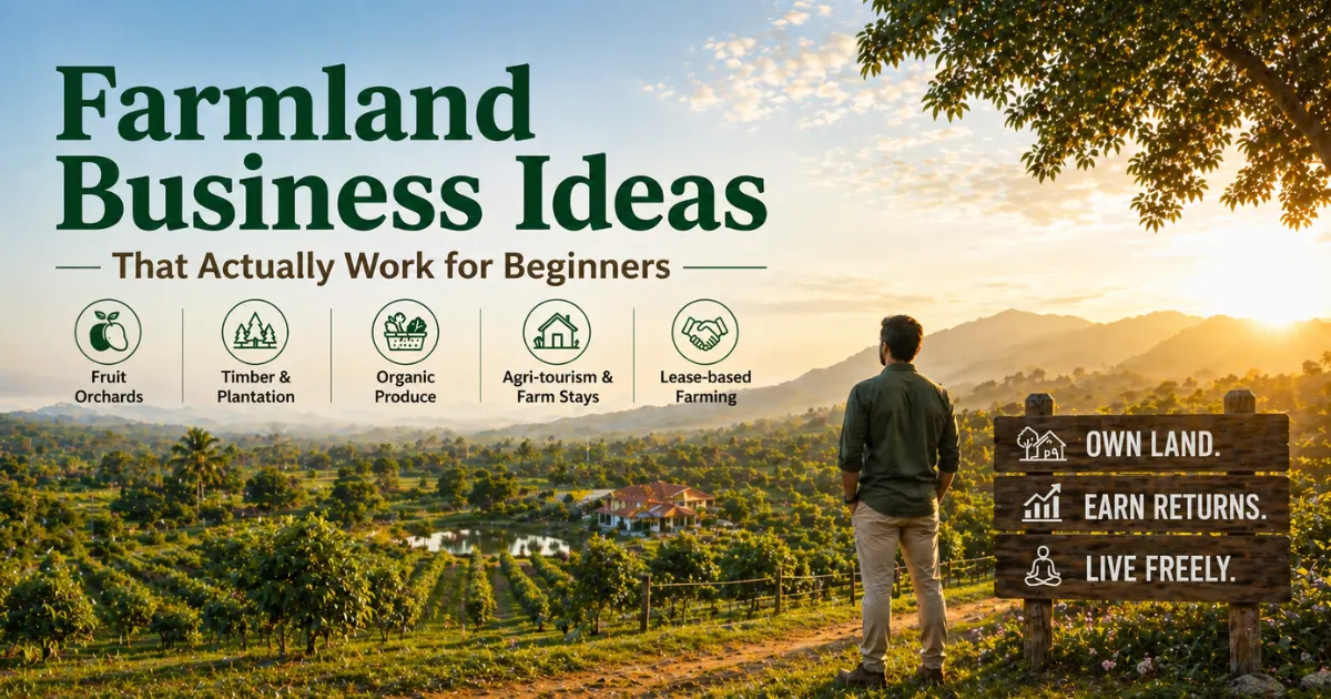 Managed farmland near Bangalore with orchard rows and investor viewing land, showcasing beginner-friendly farmland business ideas