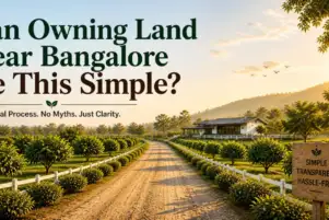 Simple farmland ownership near Bangalore with clear pathway and organized land showing easy buying and management process
