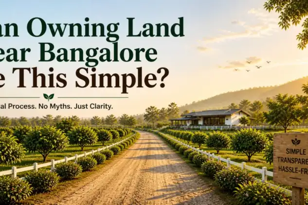 Simple farmland ownership near Bangalore with clear pathway and organized land showing easy buying and management process