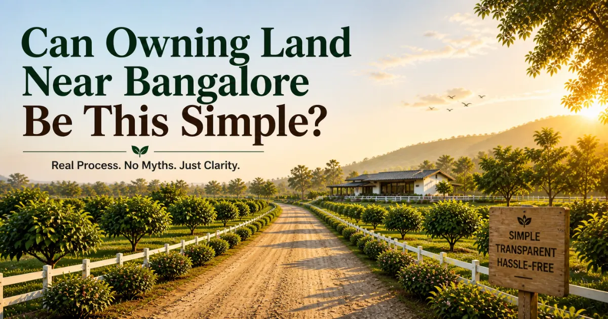 Simple farmland ownership near Bangalore with clear pathway and organized land showing easy buying and management process