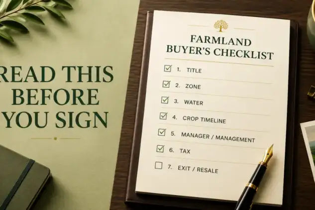 Farmland buyer's checklist showing key factors such as title, water, management, tax, and resale before purchasing farmland near Bengaluru.