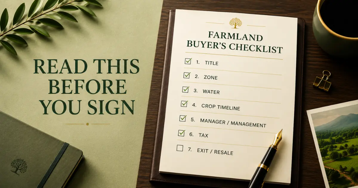 Farmland buyer's checklist showing key factors such as title, water, management, tax, and resale before purchasing farmland near Bengaluru.