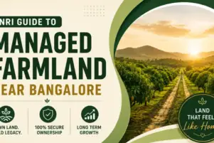 Managed farmland near Bangalore with organized mango plantations, representing farmland ownership and investment opportunities for NRIs.