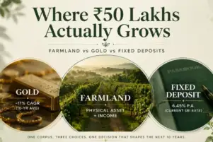 Comparison of farmland, gold and fixed deposits as investment options for growing ₹50 lakhs over a 10-year period.