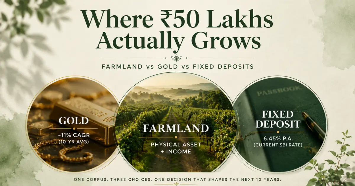 Comparison of farmland, gold and fixed deposits as investment options for growing ₹50 lakhs over a 10-year period.