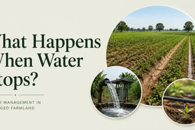 Managed farmland with irrigation systems, borewell water source, and crop planning for long-term water sustainability.