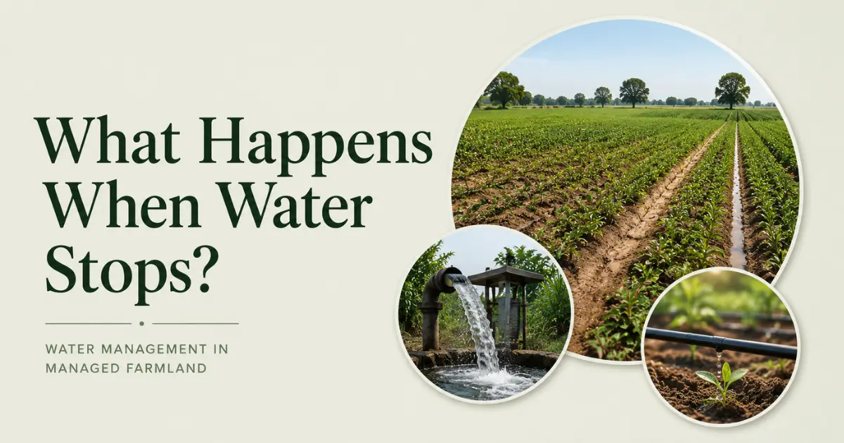 Managed farmland with irrigation systems, borewell water source, and crop planning for long-term water sustainability.